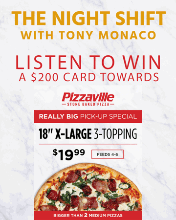 Night Shift with Tony Monaco: Win a $200 Pizzaville Giftcard